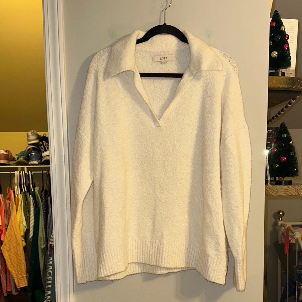 Loft XL white collared vneck sweater